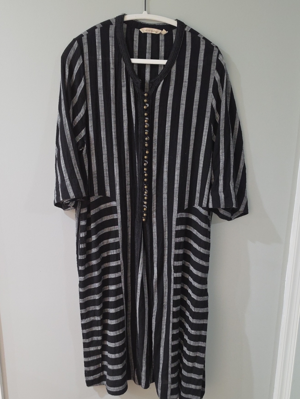 Soft Surroundings Black and Gray Striped Button-Front Long Duster